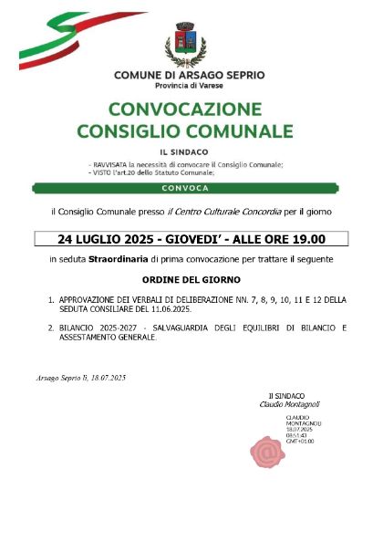 Convocazione Consiglio Comunale 24.07.2025 - Ordine del Giorno 