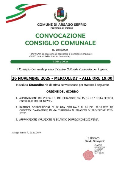 Convocazione Consiglio Comunale del 26 11 2025 ore 19.00
