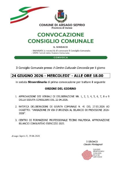 Convocazione Consiglio Comunale 24.06.2026 ore 18.00. Ordine del Giorno.