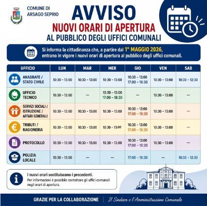 Nuovi orari di apertura uffici comunali (dal 1° maggio 2026)