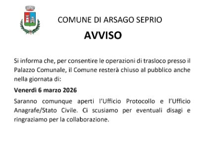 DISPOSIZIONI DI CHIUSURA DEGLI UFFICI COMUNALI NELLA GIORNATA DI VENERDI' 06.03.2026