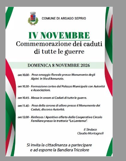 Celebrazione ricorrenza IV Novembre - Domenica 8 Novembre 2026