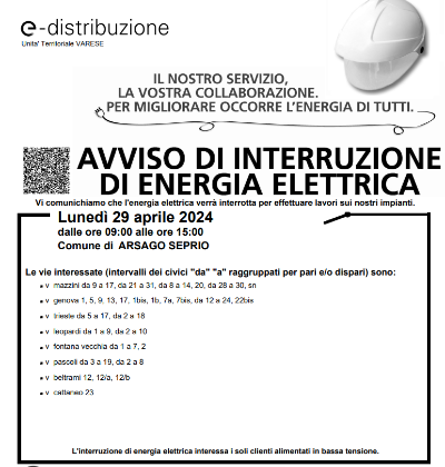 AVVISO INTERRUZIONE ENERGIA ELETTRICA 29 APRILE.